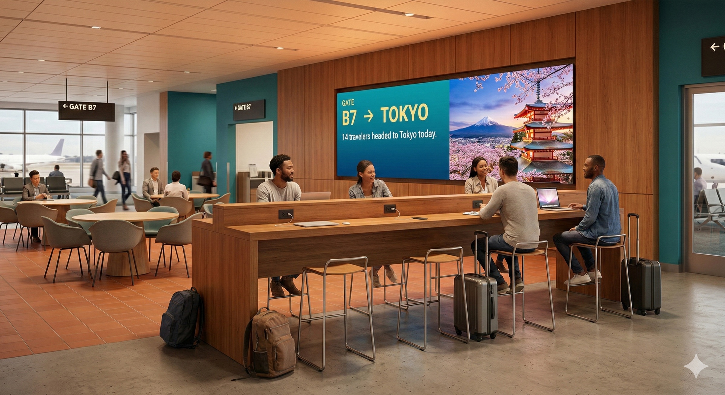 Social Zone render: communal high-top tables with shared charging, conversation-friendly seating, and a destination display showing the gate's next flight.